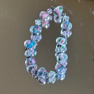 Vintage Women’s Glass Bead Bracelet Floral Clear Lilac Romantic